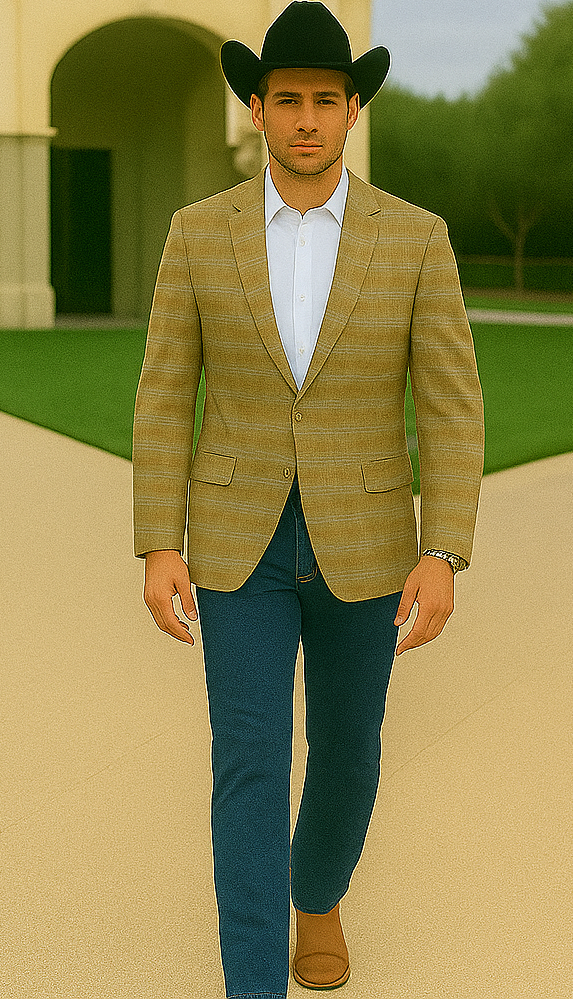 Saco vaquero - Western Sport Coat - Western Blazer- Men's Two Button Business Casual Double Windowpane Sport Coat In Camel & Teal