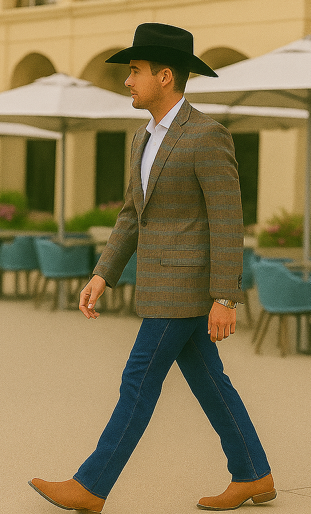 Saco vaquero - Western Sport Coat - Western Blazer- Men's Two Button Business Casual Double Windowpane Sport Coat In Dark Camel Bronze & Teal