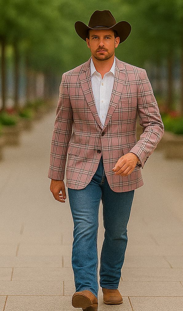 Saco vaquero - Western Sport Coat - Western Blazer - Men's Two Button Business Casual Double Windowpane Sport Coat In Rose Pink