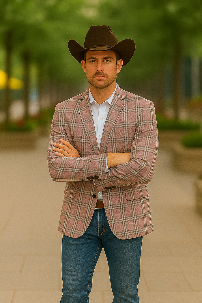 Saco vaquero - Western Sport Coat - Western Blazer - Men's Two Button Business Casual Double Windowpane Sport Coat In Rose Pink