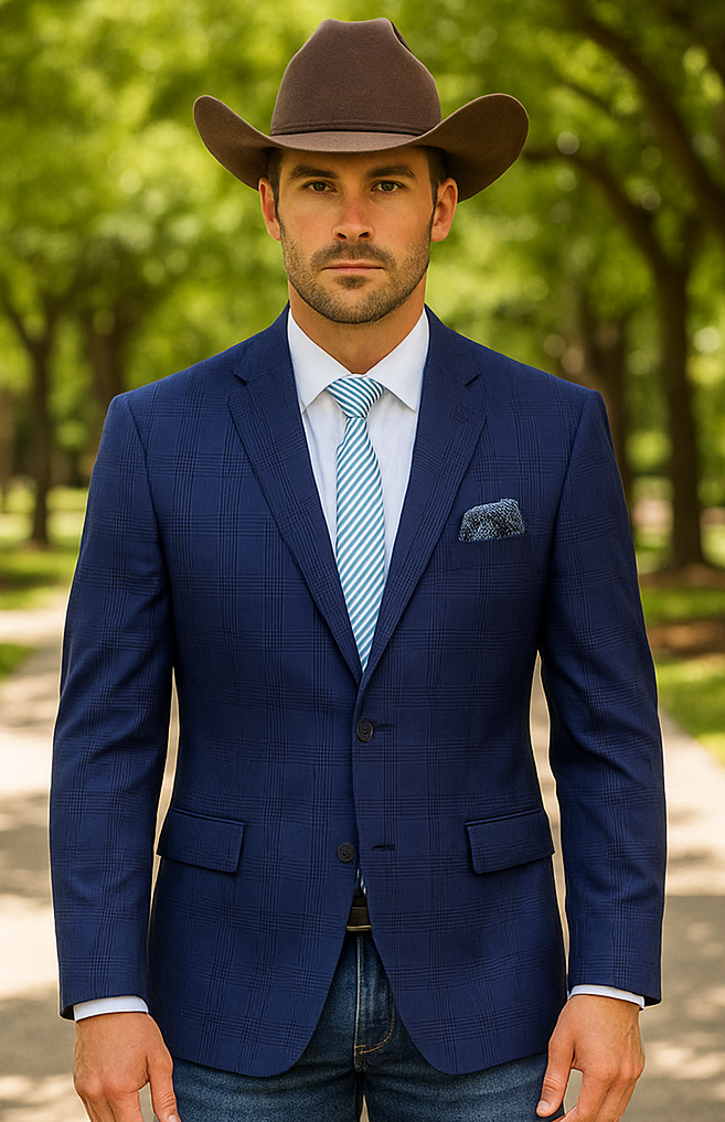 Saco vaquero - Western Sport Coat - Western Blazer  - Mens Two Button Classic Fit Sport Coat Blazer In Dark Navy Blue Windowpane Plaid