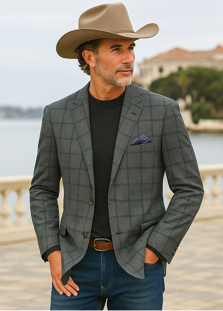 Saco vaquero - Western Sport Coat - Western Blazer - Mens Two Button Classic Fit Wool Sport Coat Blazer In Brown & Olive Gren Windowpane Plaid