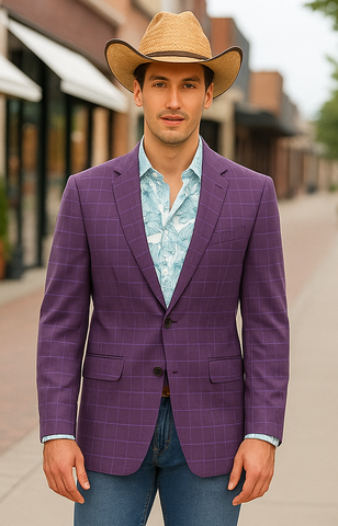 Saco vaquero - Western Sport Coat - Western Blazer - Men's Two Button Fit Windowpane Plaid Magenta  Sport Coat Blazer