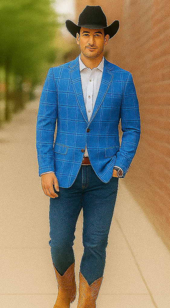 Saco vaquero - Western Sport Coat - Western Blazer  - Men's Two Button Regular Fit Light Blue Double Windowpane Plaid Blazer