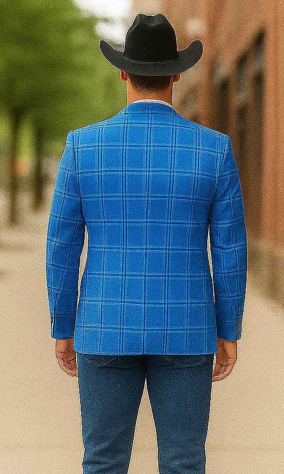 Saco vaquero - Western Sport Coat - Western Blazer  - Men's Two Button Regular Fit Light Blue Double Windowpane Plaid Blazer