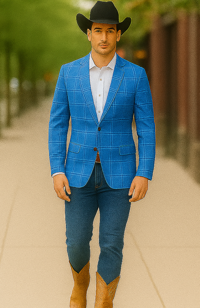 Saco vaquero - Western Sport Coat - Western Blazer  - Men's Two Button Regular Fit Light Blue Double Windowpane Plaid Blazer