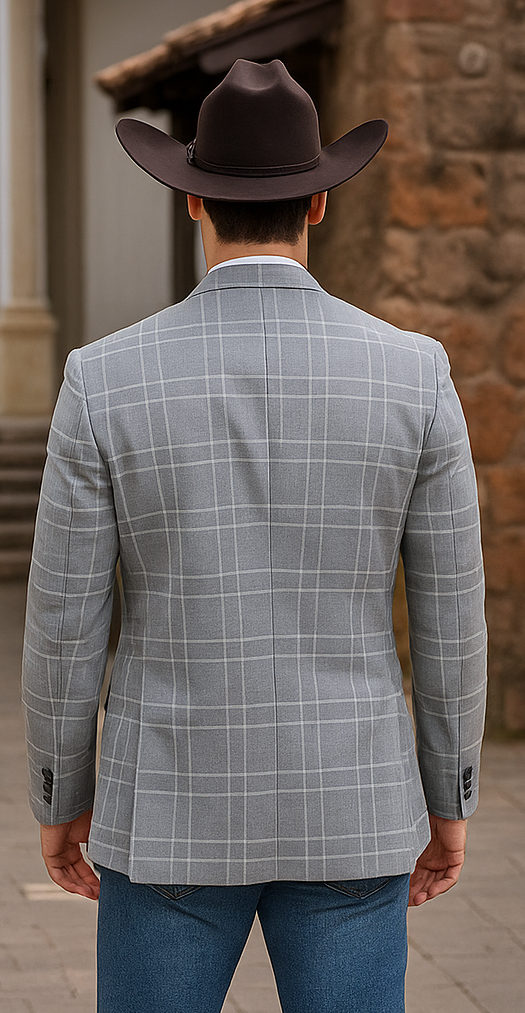 Saco vaquero - Western Sport Coat - Western Blazer - Men's Two Button Regular Fit Light Grey Double Windowpane Plaid Blazer