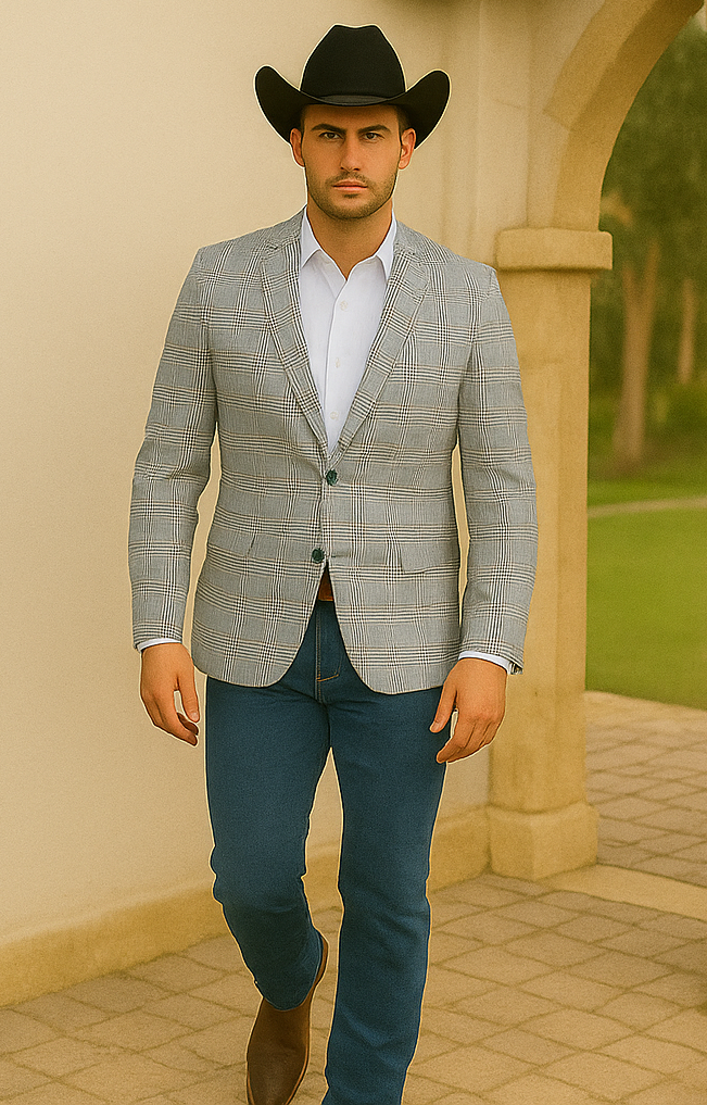 Saco vaquero - Western Sport Coat - Western Blazer- Men's Two Button Regular Fit Sport Coat In Blue & Tan Windowpane Plaid