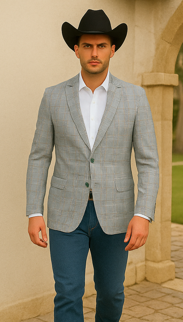 Saco vaquero - Western Sport Coat - Western Blazer- Men's Two Button Regular Fit Sport Coat In Blue & Tan Windowpane Plaid