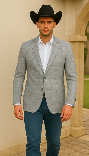 Saco vaquero - Western Sport Coat - Western Blazer- Men's Two Button Regular Fit Sport Coat In Blue & Tan Windowpane Plaid