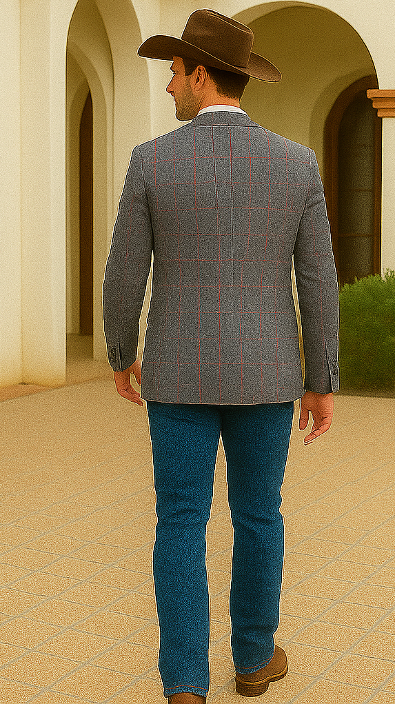 Saco vaquero - Western Sport Coat - Western Blazer- Men's Two Button Regular Fit Sport Coat In Charcoal Grey With Blue & Pink Windowpane Plaid