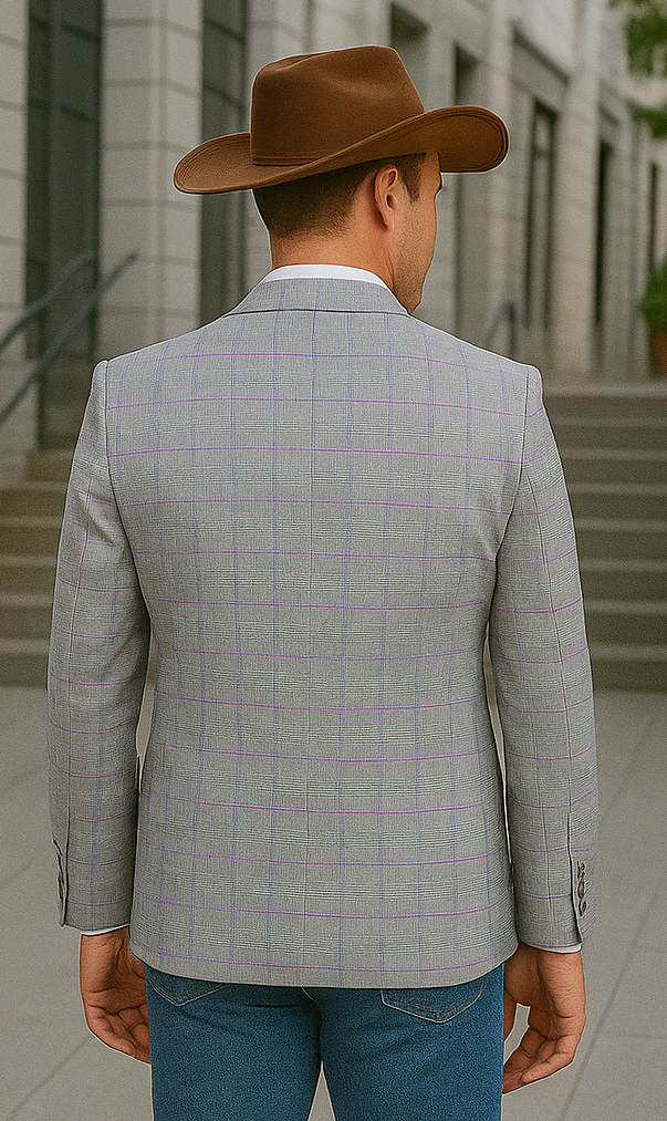 Saco vaquero - Western Sport Coat - Western Blazer - Men's Two Button Regular Fit Sport Coat In Light Grey With Blue & Pink Windowpane Plaid