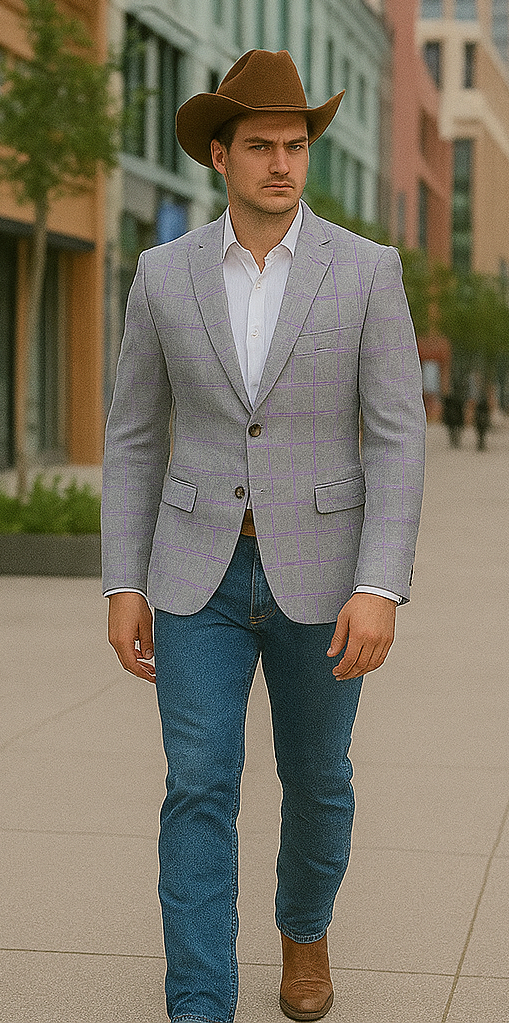 Saco vaquero - Western Sport Coat - Western Blazer - Men's Two Button Regular Fit Sport Coat In Light Grey With Blue & Pink Windowpane Plaid