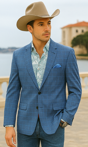 Saco vaquero - Western Sport Coat - Western Blazer  - Men's Two Button Regular Fit Windowpane Plaid  Teal Sport Coat Blazer