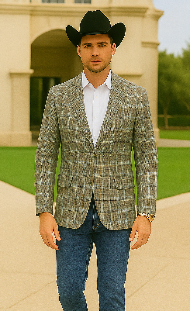 Saco vaquero - Western Sport Coat - Western Blazer- Men's Two Button Slim Fit Business Casual Sport Coat In Camel Glen Plaid