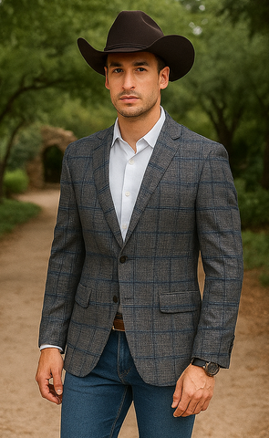 Saco vaquero - Western Sport Coat - Western Blazer - Men's Two Button Slim Fit Glen Plaid Charcoal Grey Sport Coat Blazer