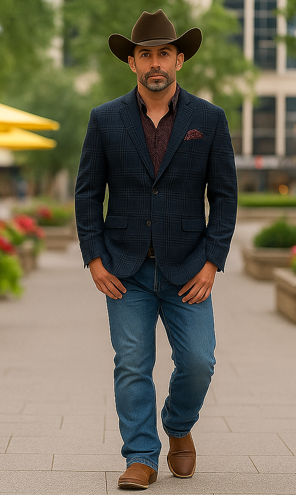 Saco vaquero - Western Sport Coat - Western Blazer - Mens Two Button Slim Fit Patch Pocket Blazer In Blue Grey Windowpane Plaid