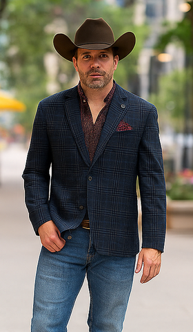 Saco vaquero - Western Sport Coat - Western Blazer - Mens Two Button Slim Fit Patch Pocket Blazer In Blue Grey Windowpane Plaid