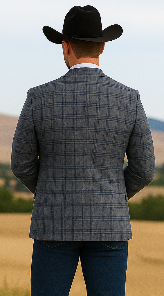Saco vaquero - Western Sport Coat - Western Blazer - Mens Two Button Slim Fit Sport Coat Blazer In Charcoal Grey & Blue Windowpane Plaid