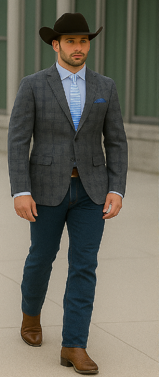 Saco vaquero - Western Sport Coat - Western Blazer - Mens Two Button Slim Fit Sport Coat Blazer In Charcoal Grey & Blue Windowpane Plaid