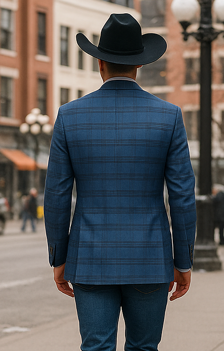 Saco vaquero - Western Sport Coat - Western Blazer- Mens Two Button Slim Fit Sport Coat Blazer In Medium Indigo Blue Windowpane Plaid