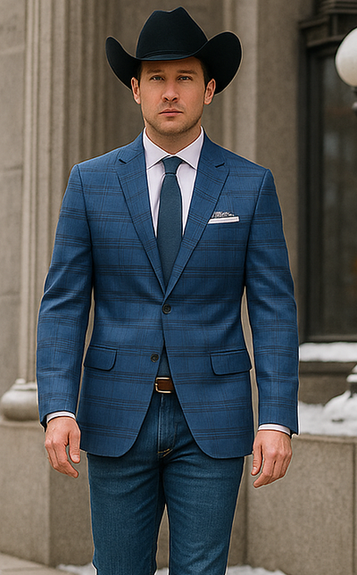 Saco vaquero - Western Sport Coat - Western Blazer- Mens Two Button Slim Fit Sport Coat Blazer In Medium Indigo Blue Windowpane Plaid