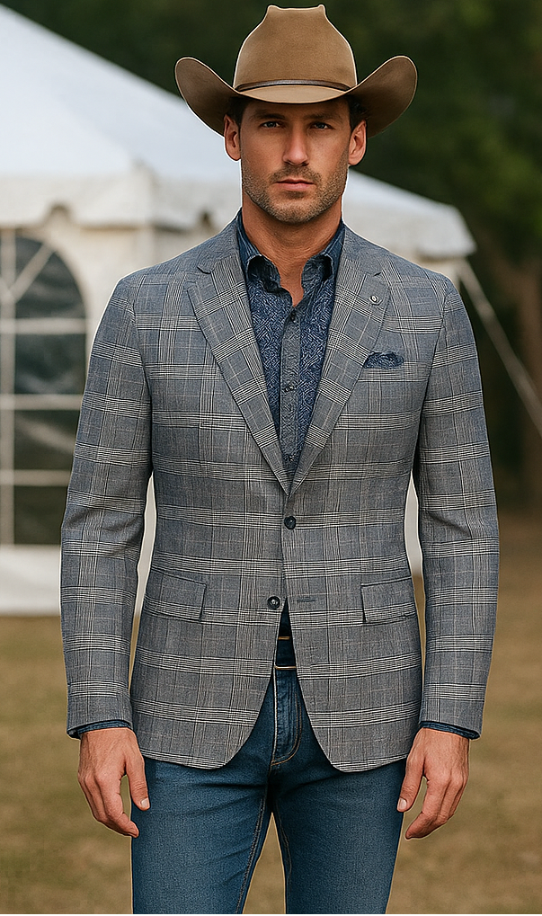 Saco vaquero - Western Sport Coat - Western Blazer - Mens Two Button Slim Fit Unconstructed Summer Blazer In Grey & Blue Windowpane Plaid