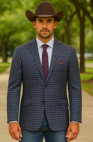 Saco vaquero - Western Sport Coat - Western Blazer - Mens Two Button Slim Fit Wool Sport Coat Blazer In Navy Blue & Burgundy Mini Check