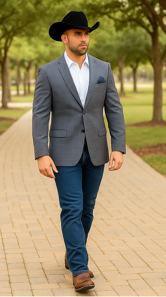 Saco vaquero - Western Sport Coat - Western Blazer - Men's Two Button Windowpane Plaid Blue Sport Coat
