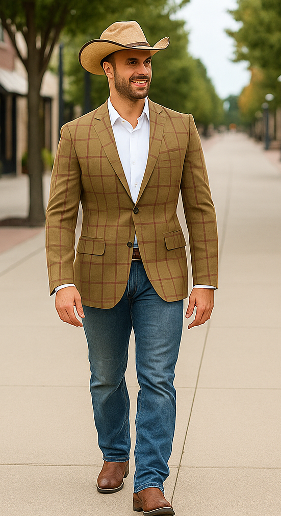 Saco vaquero - Western Sport Coat - Western Blazer- Men's Two Button Windowpane Plaid Bronze Sport Coat