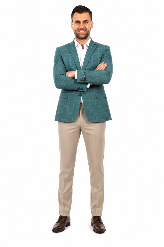 Saco vaquero - Western Sport Coat - Western Blazer - Men's Two Button Windowpane Plaid Green Sport Coat