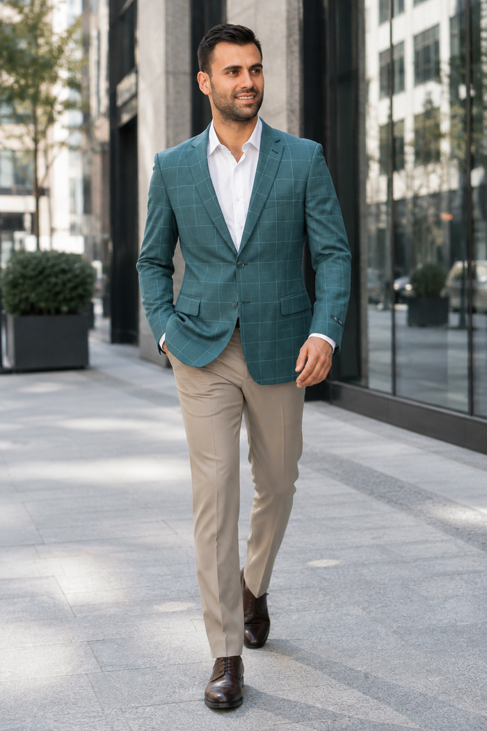 Saco vaquero - Western Sport Coat - Western Blazer - Men's Two Button Windowpane Plaid Green Sport Coat
