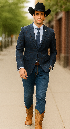 Saco vaquero - Western Sport Coat - Western Blazer  - Mens Slim Fit Half Canvas Patch Pocket Summer Cotton Blazer In Navy Blue Windowpane Plaid