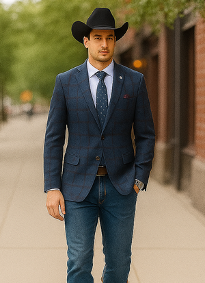 Saco vaquero - Western Sport Coat - Western Blazer  - Mens Slim Fit Half Canvas Patch Pocket Summer Cotton Blazer In Navy Blue Windowpane Plaid