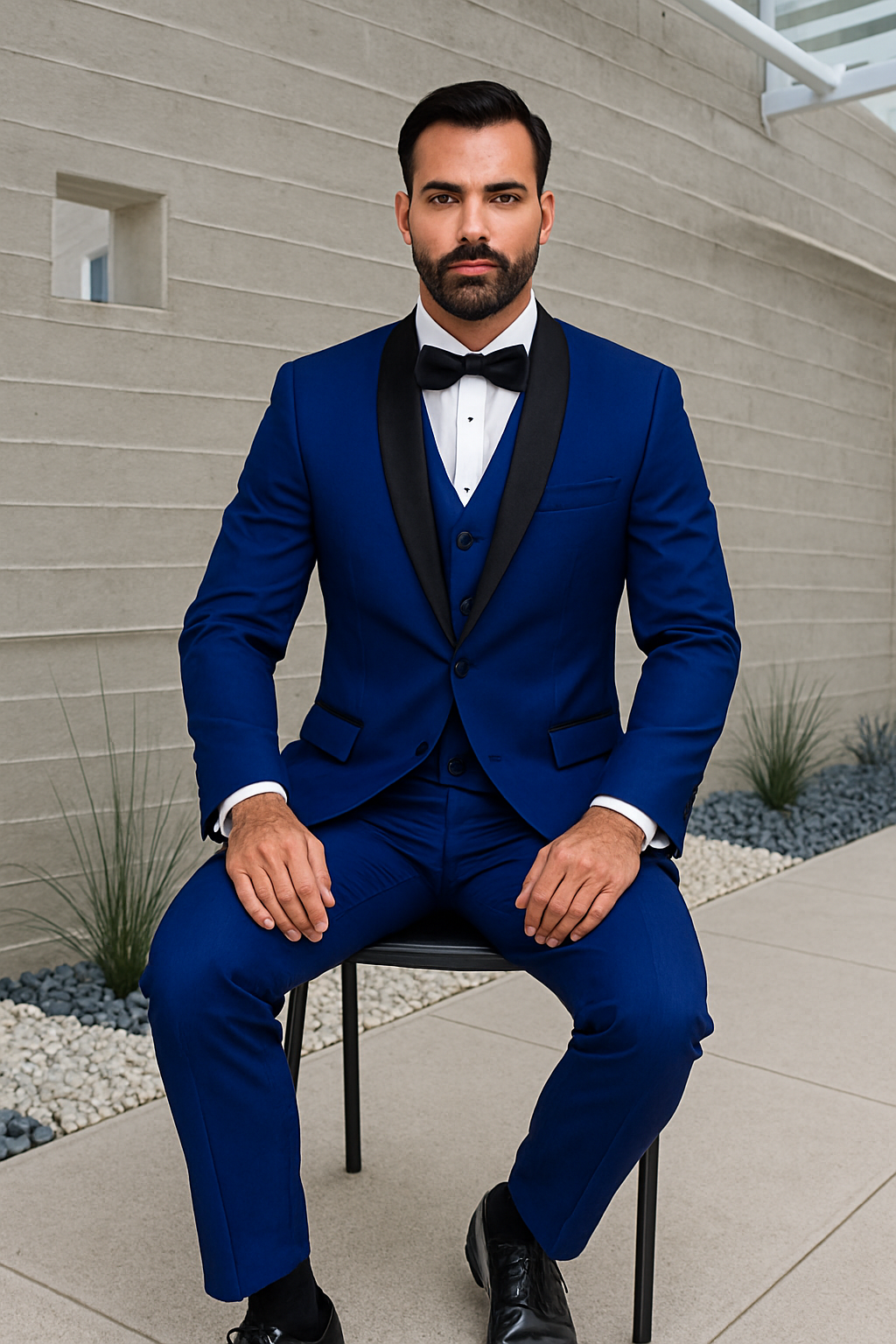 Mens 1 Button Shawl Lapel Vested Wool Wedding - Prom Tuxedo in Sapphire Blue - Mens Slim Fitted Tuxedo