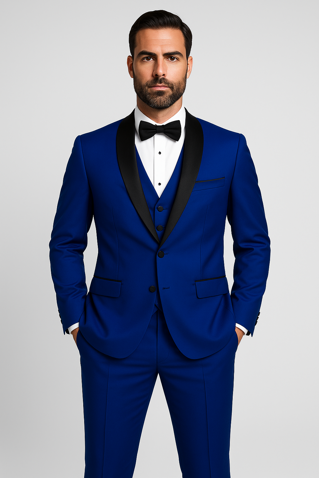 Mens 1 Button Shawl Lapel Vested Wool Wedding - Prom Tuxedo in Sapphire Blue - Mens Slim Fitted Tuxedo