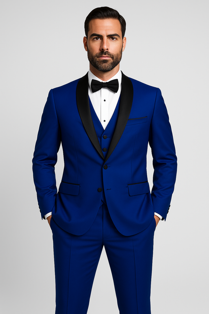 Mens 1 Button Shawl Lapel Vested Wool Wedding - Prom Tuxedo in Sapphire Blue - Mens Slim Fitted Tuxedo