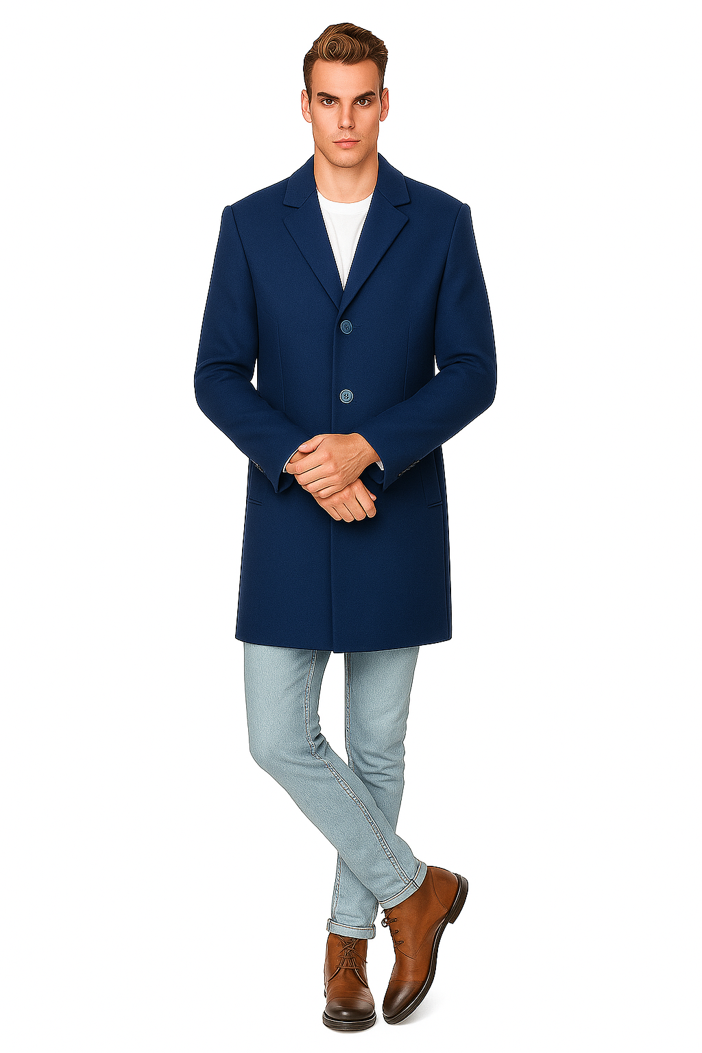 French Saphire Blue Wool and Cashmere Carcoat in Color "Indigo Blue" - Topcoat Three Quarter