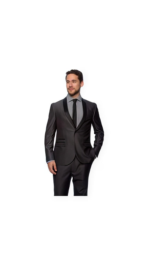 West End Men'S Charcoal Young Look Slim Fit Collar Satin-Detailed Tuxedo - Color: Dark Grey Suit