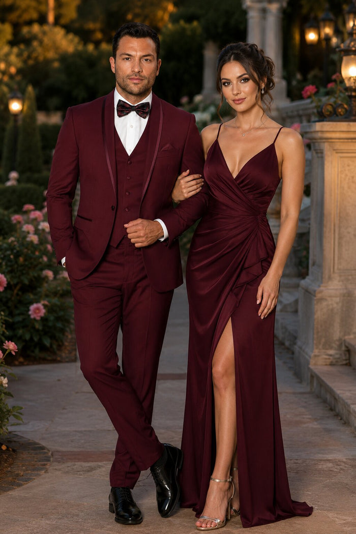 Mens One Button Satin Trim Shawl Tuxedo in Burgundy