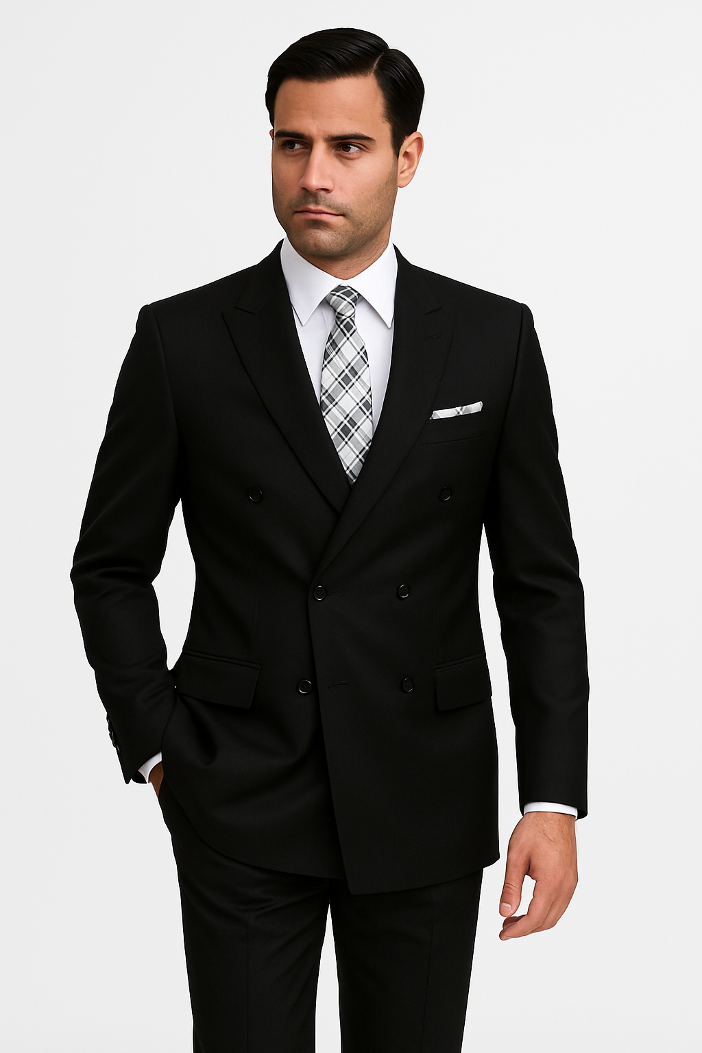 Mens Classic Wool Double Breasted Suit in Black