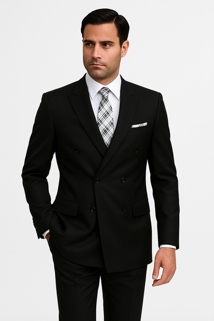 Mens Classic Wool Double Breasted Suit in Black