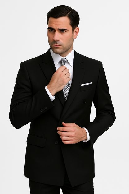 Mens Classic Wool Double Breasted Suit in Black