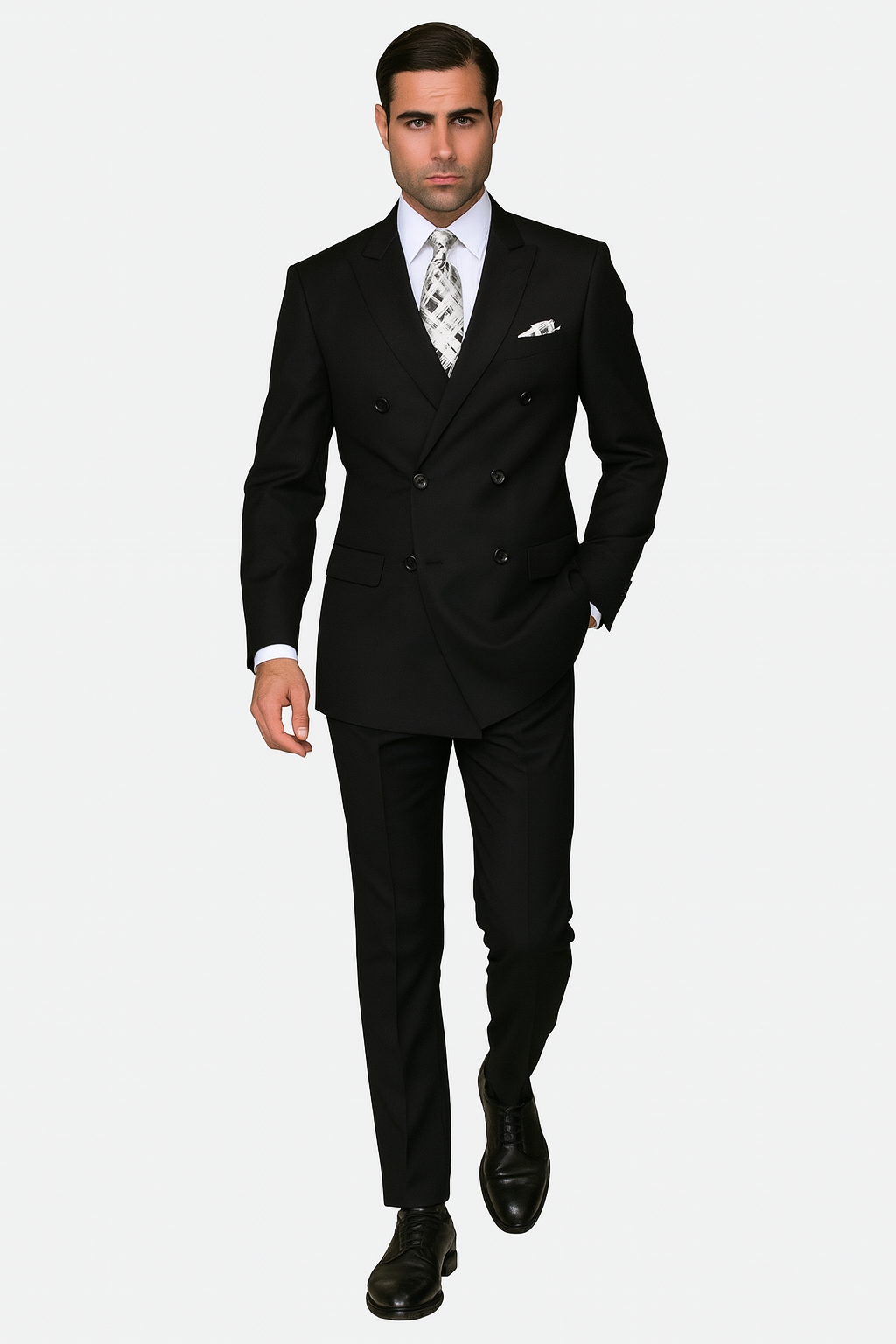 Mens Classic Wool Double Breasted Suit in Black