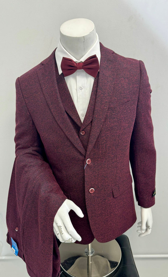 Sean Alexander 3Pc Suit Burgundy Tweed