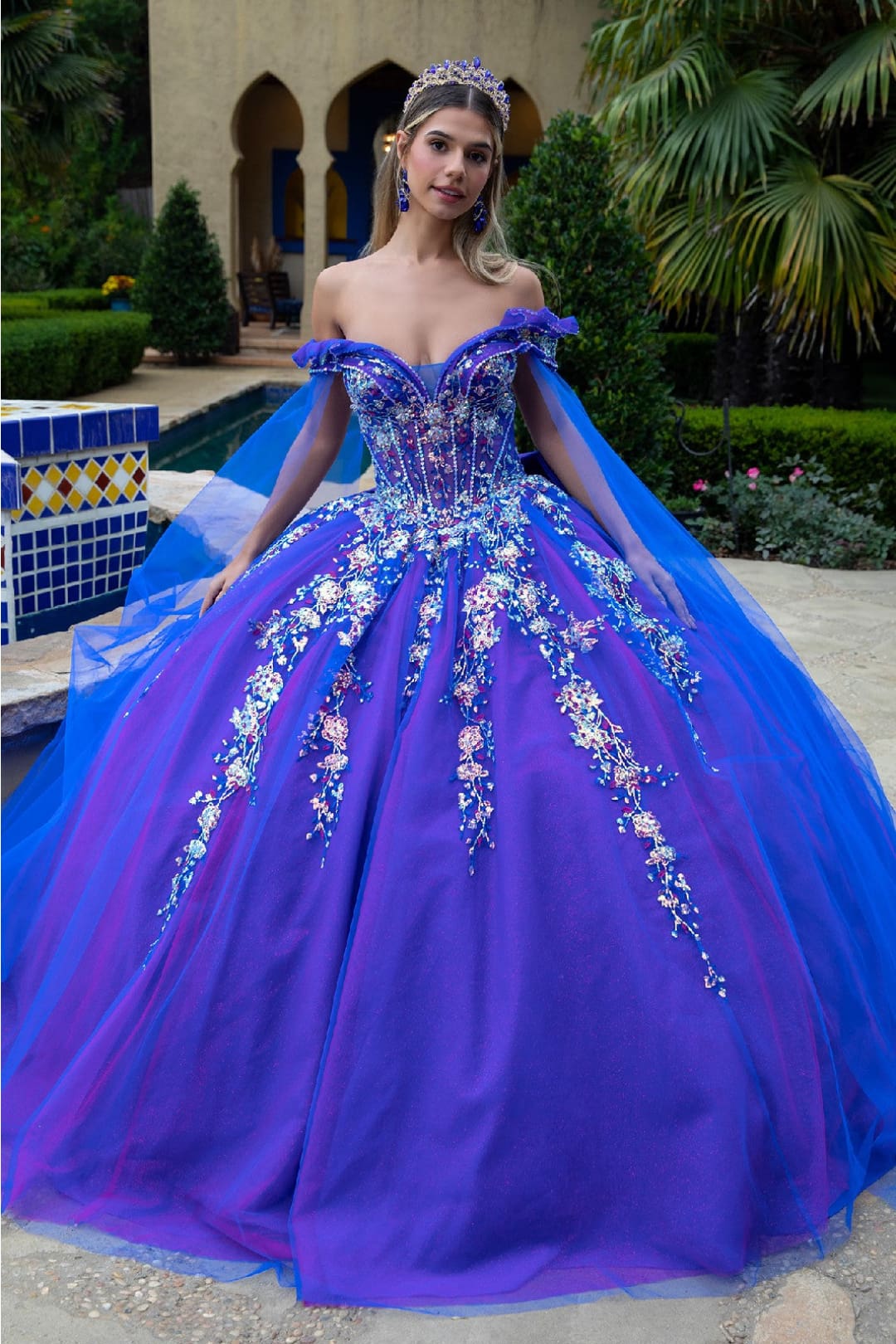 Sequin Cape Sleeve Ball Gown by GLS Gloria GL3518 - XS / Royal Blue - Quinceanera Dresses