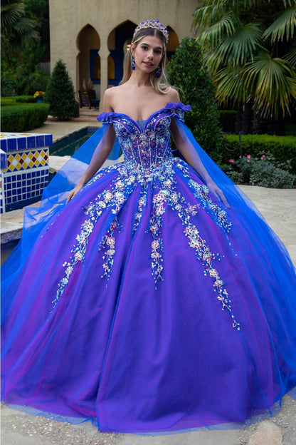 Sequin Cape Sleeve Ball Gown by GLS Gloria GL3518 - XS / Royal Blue - Quinceanera Dresses