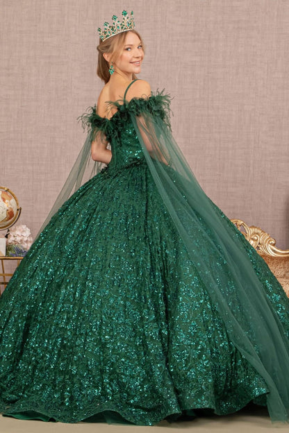 Sequin Cape Sleeve Feather Ball Gown by Elizabeth K GL3169 - Quinceanera Dresses