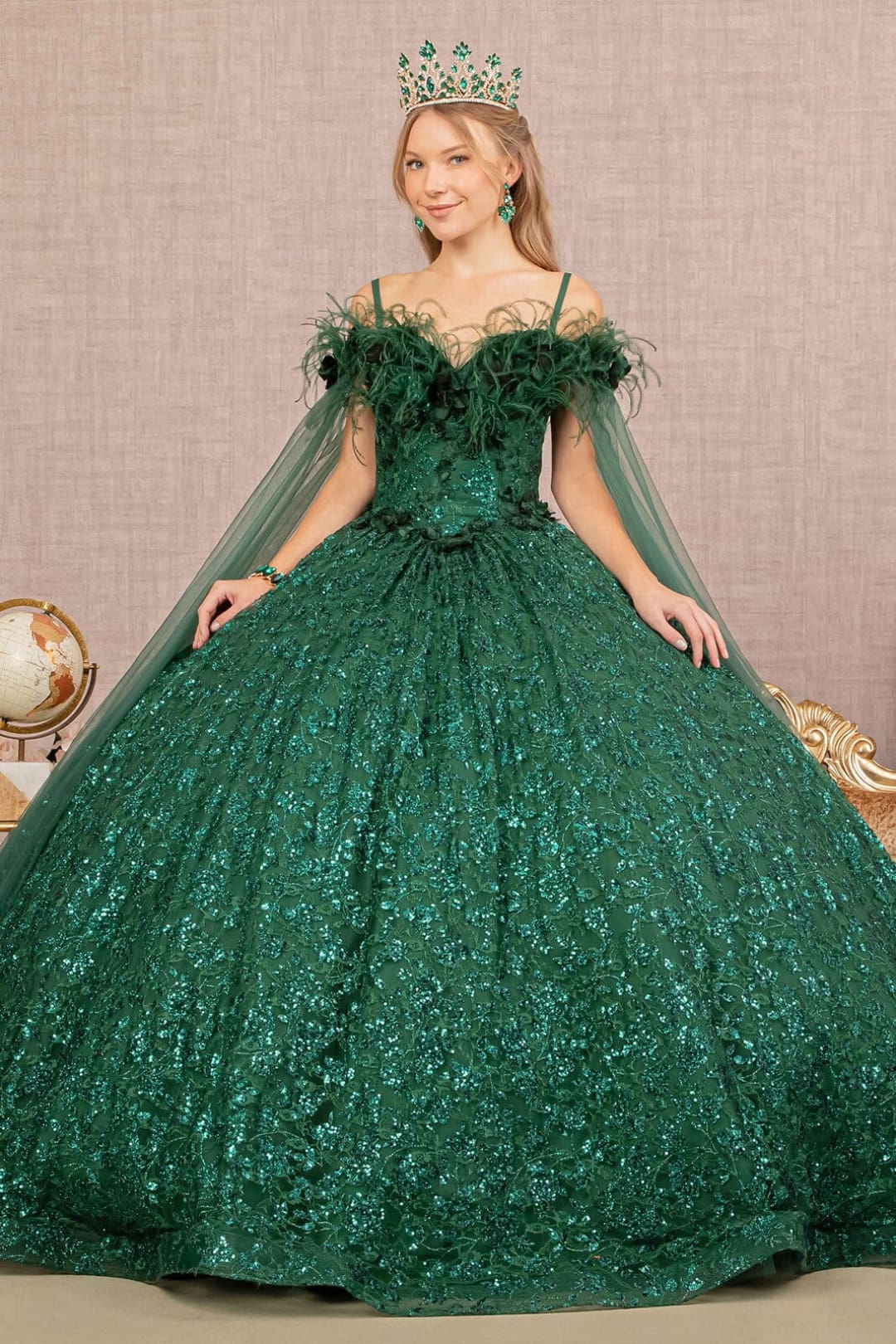 Sequin Cape Sleeve Feather Ball Gown by Elizabeth K GL3169 - Quinceanera Dresses