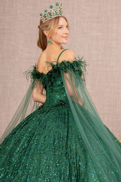 Sequin Cape Sleeve Feather Ball Gown by Elizabeth K GL3169 - Quinceanera Dresses